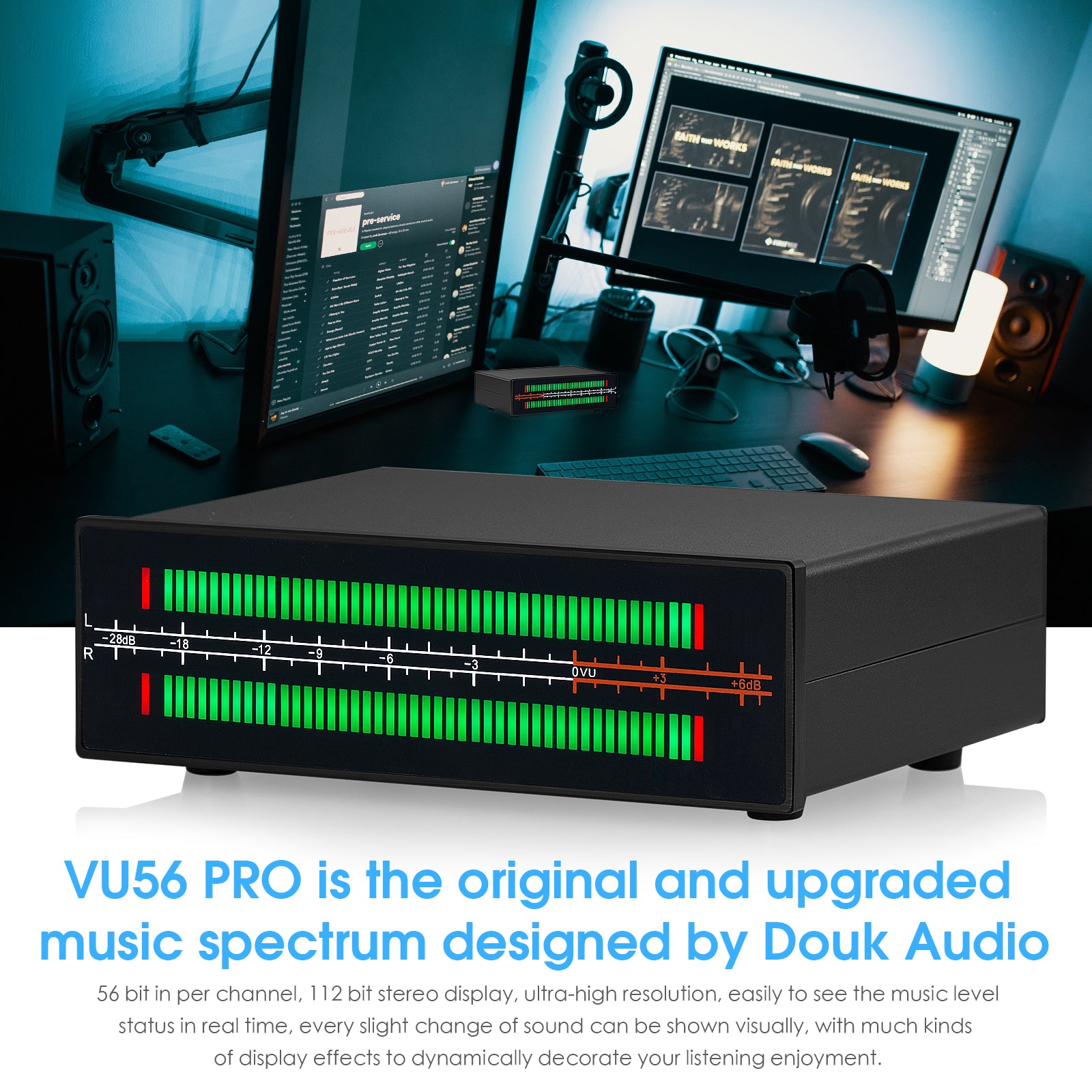 Douk Audio VU56PRO MIC+LINE Stereo RGB LED Sound Level Meter Audio Splitter Switcher Music Spectrum Visualizer