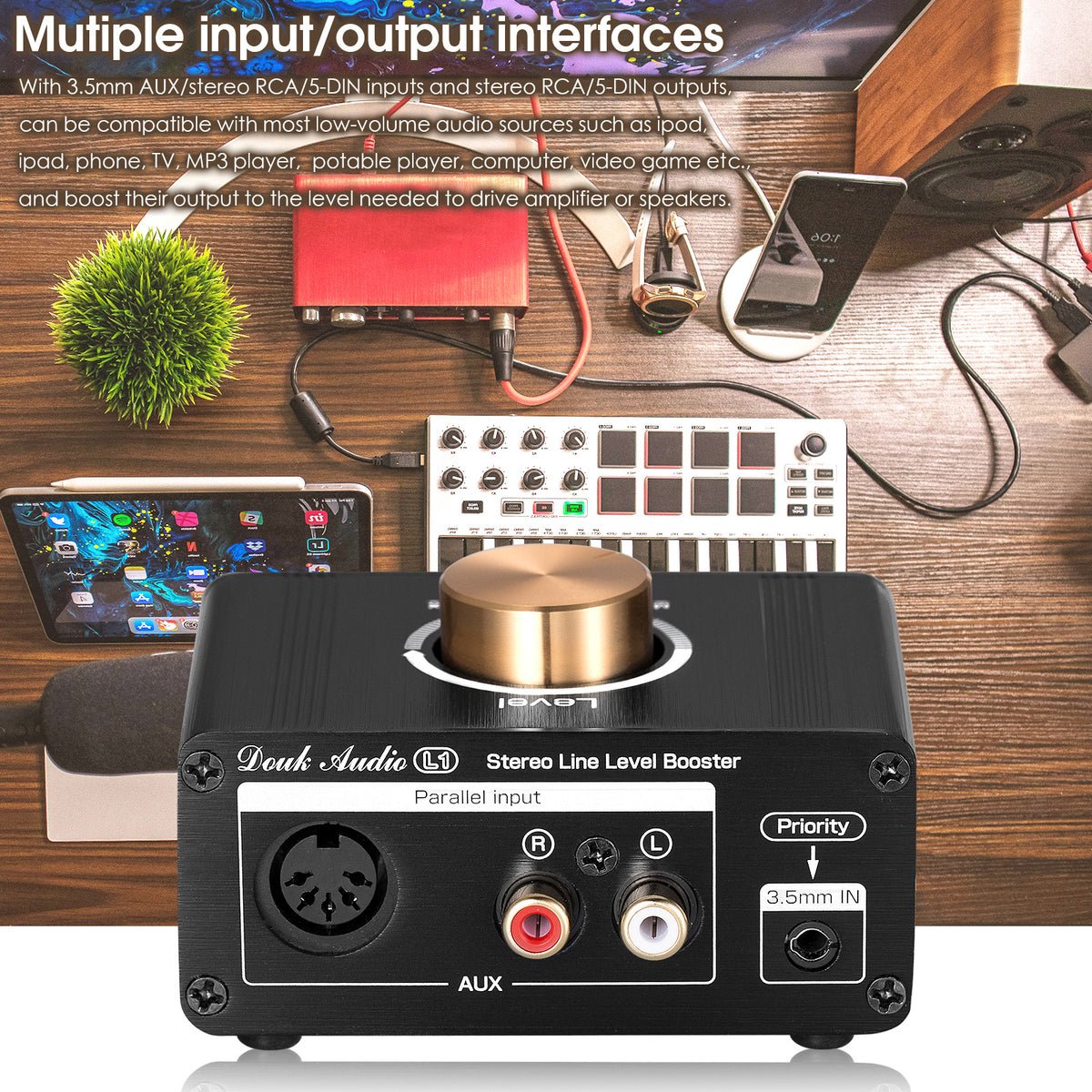 Douk Audio L1 Mini Stereo Line Level Booster Amplifier Audio Preamp 20dB Gain w/Volume Control