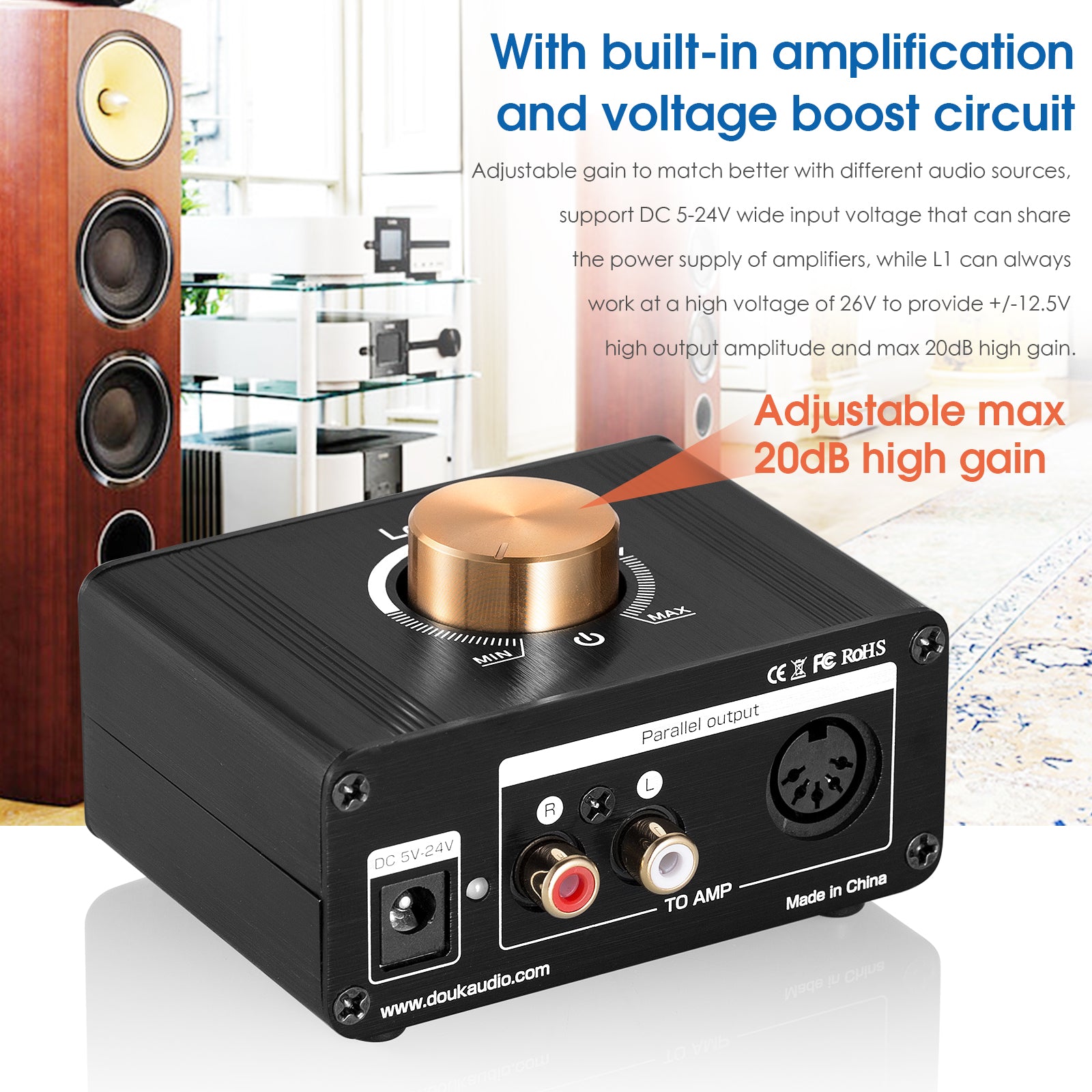 Douk Audio L1 Mini Stereo Line Level Booster Amplifier Audio Preamp 20dB Gain w/Volume Control