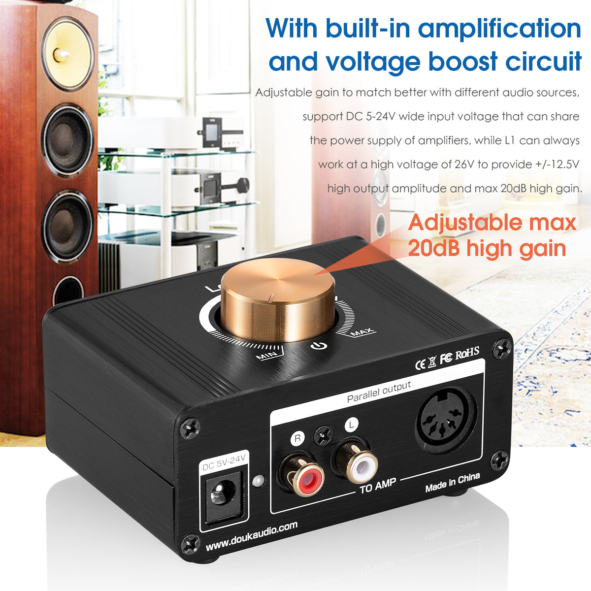 Douk Audio L1 Mini Stereo Line Level Booster Amplifier Audio Preamp 20dB Gain w/Volume Control